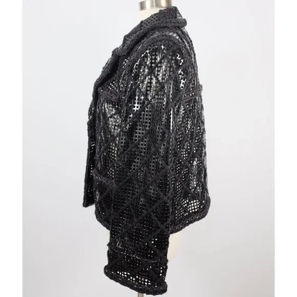 Chanel Brasserie 15K jacket coat 48 / 16 faux leather PVC perforated tweed black